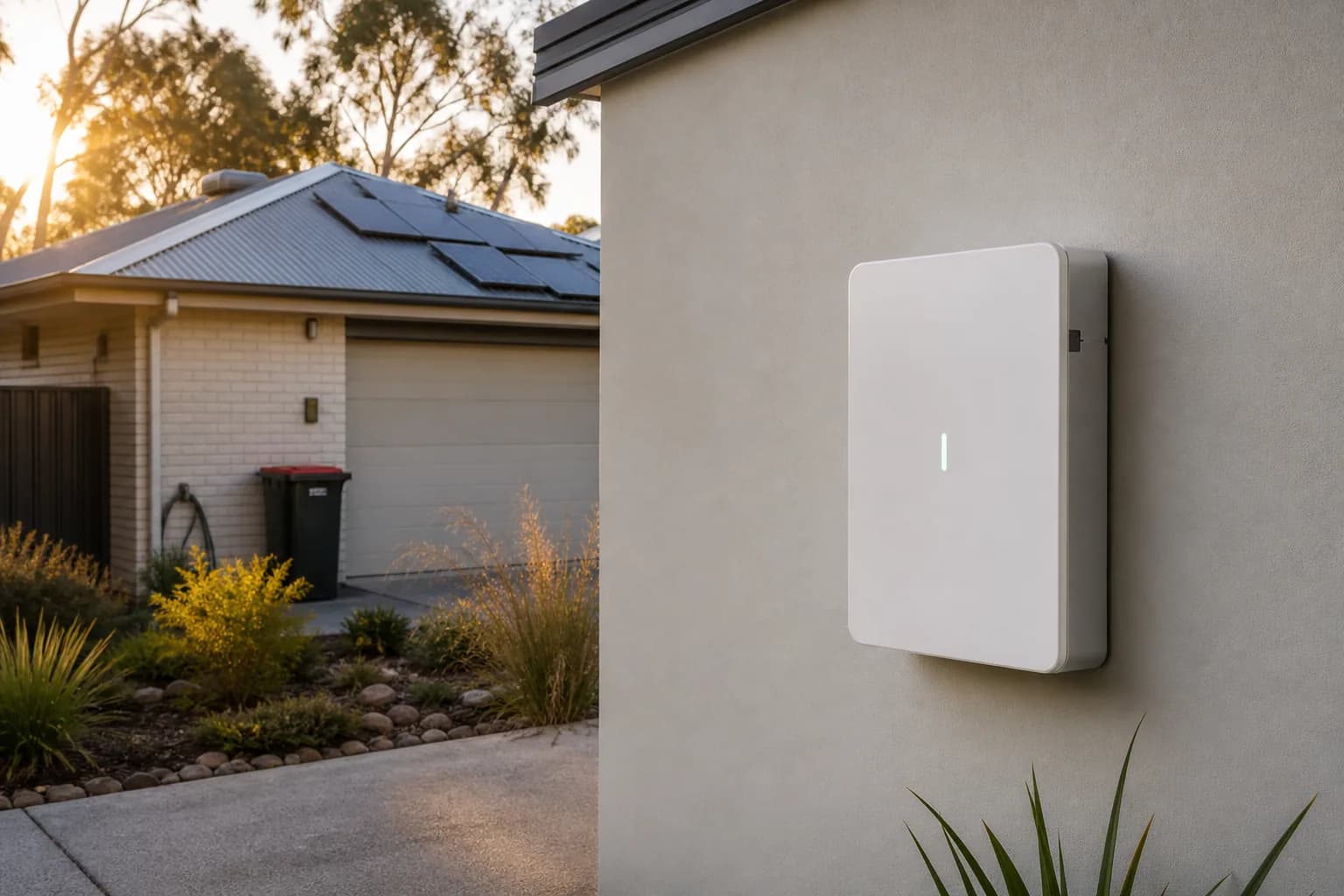 Wall-mounted home battery on the side of an Australian house, with rooftop solar panels visible at golden hour