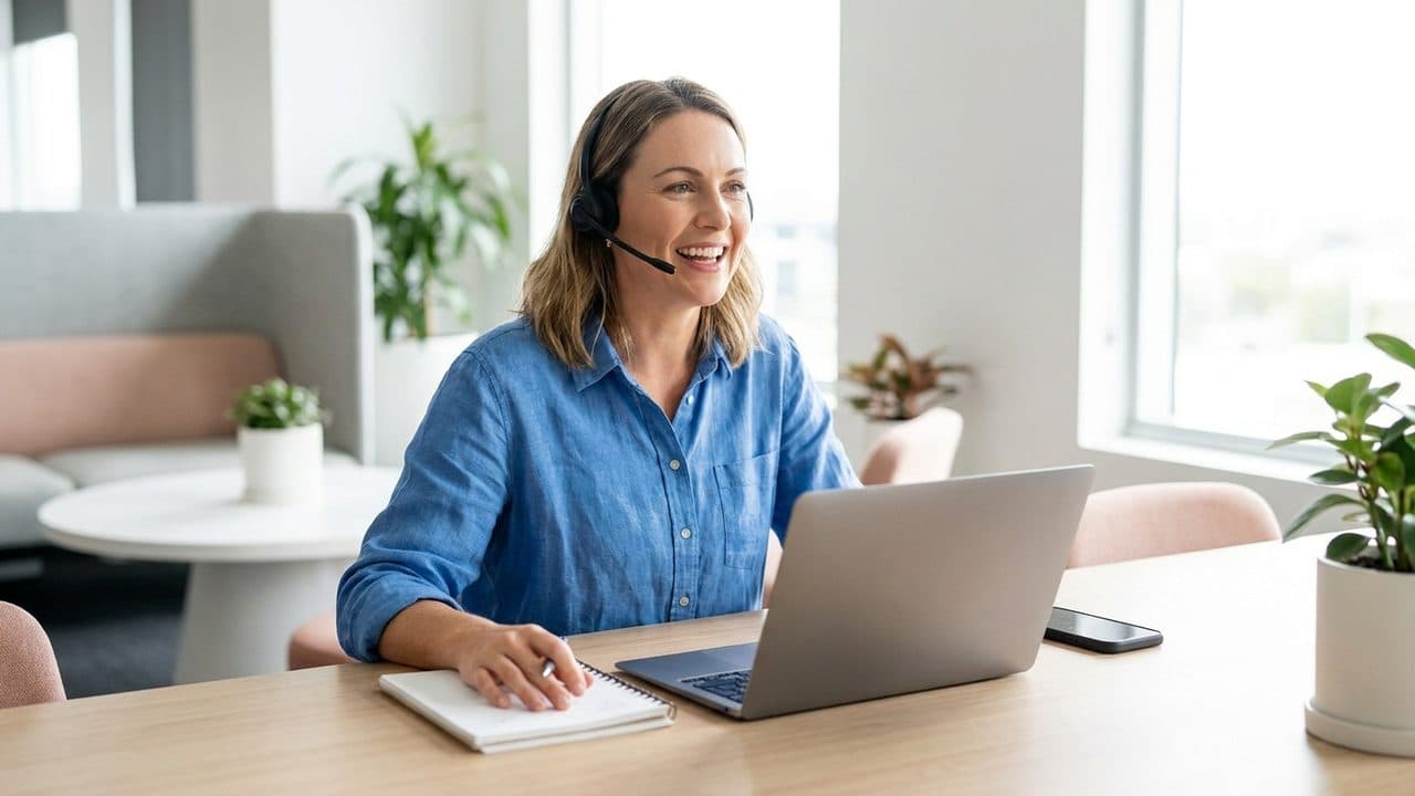 An Australian appointment setter wearing a headset, smiling on a call booking a solar consultation