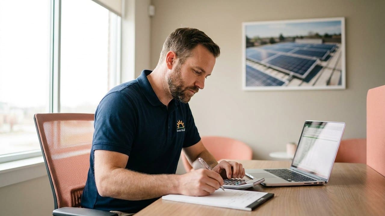 An Australian solar installer at a desk with a laptop, working out the cost per install on bought leads