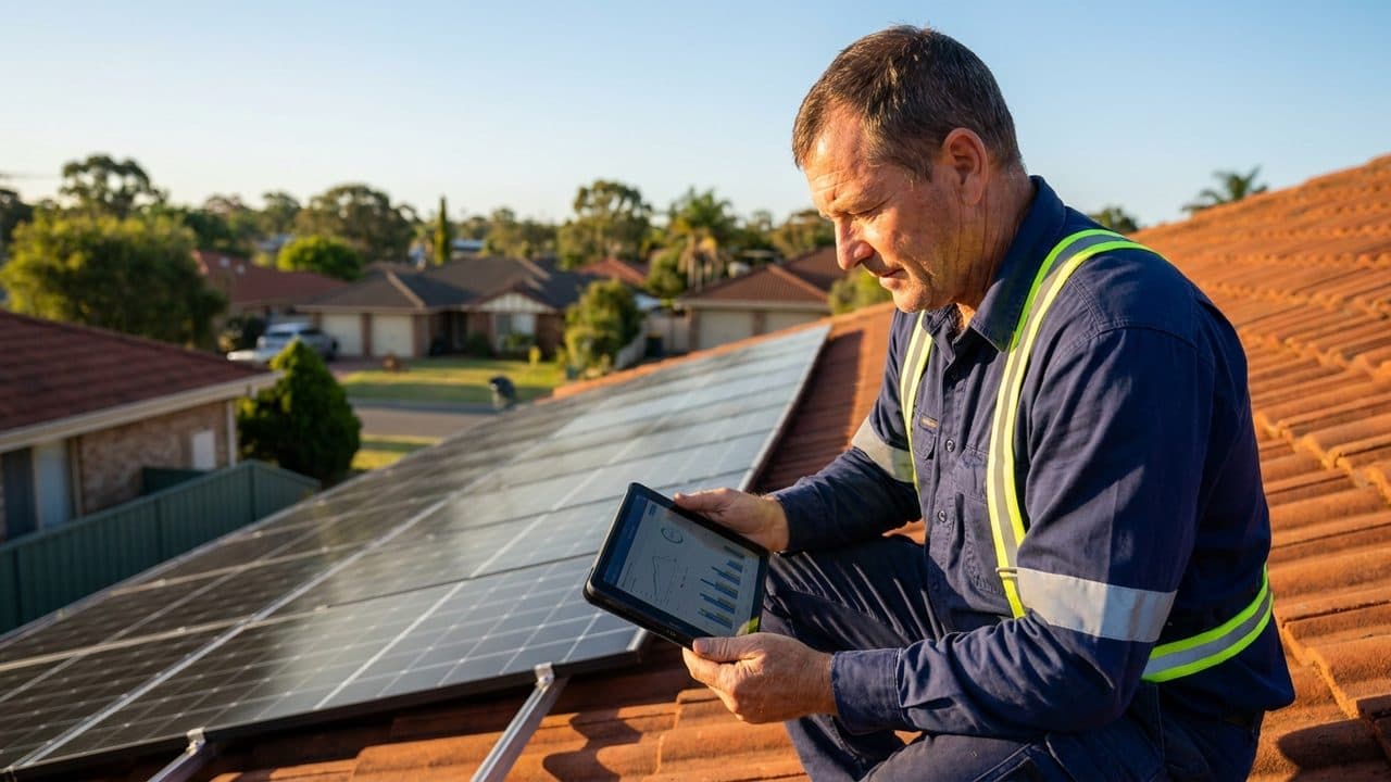 An Australian solar installer on a rooftop reviewing figures on a tablet next to newly installed panels