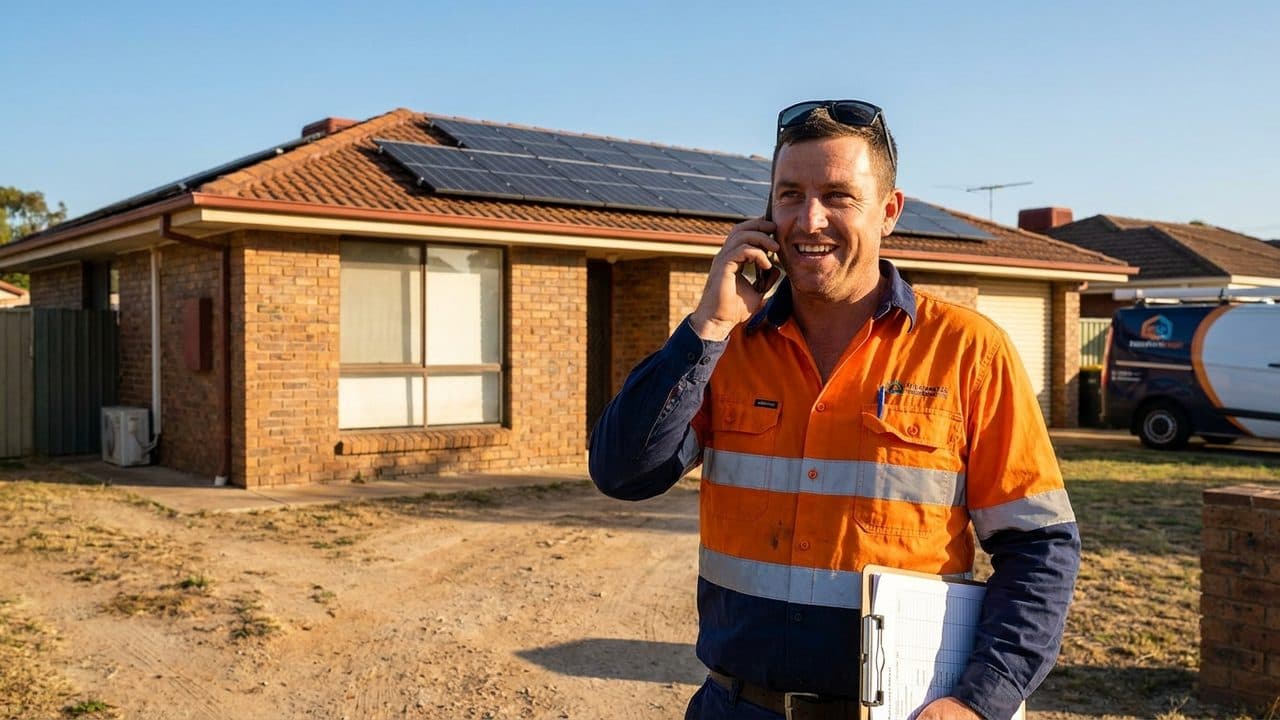 A confident Australian solar installer talking on the phone in front of a brick home with rooftop solar