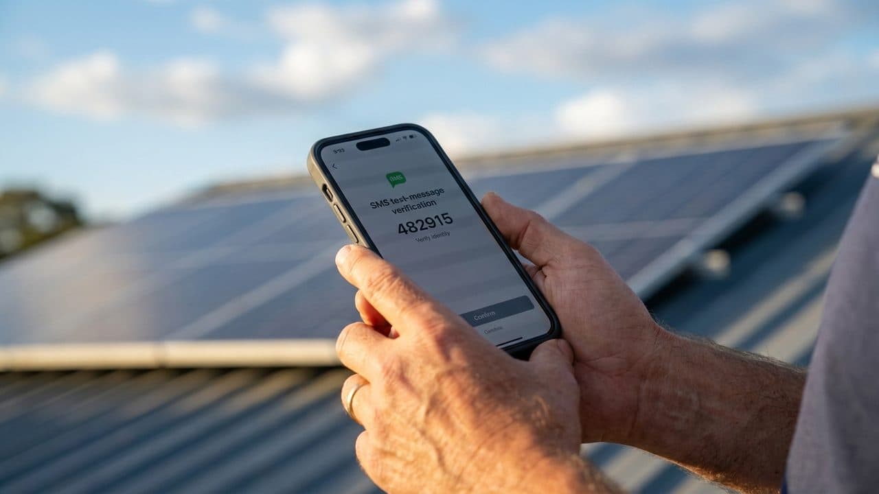 A person holding a smartphone showing an SMS verification code, with rooftop solar panels blurred behind